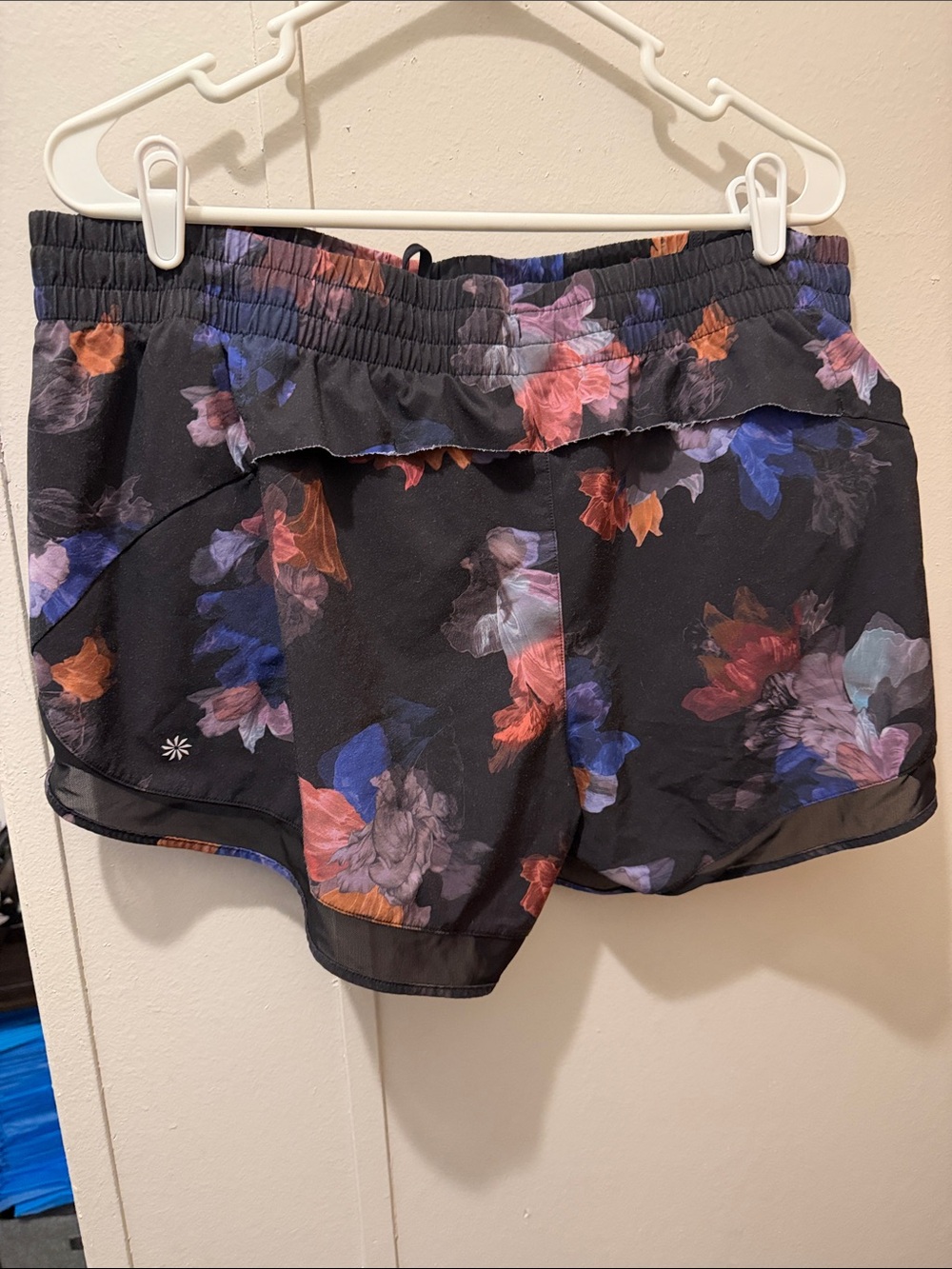 Athleta Black Floral Ruffle-Waist Athletic Shorts